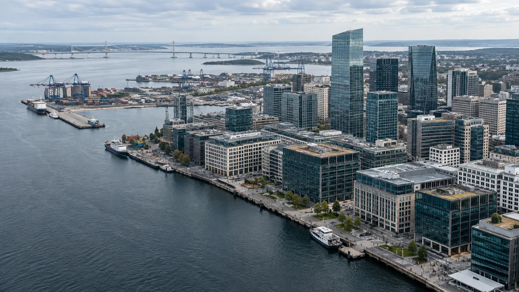 Illustrative aerial view of a financial district and its waterfront connections
